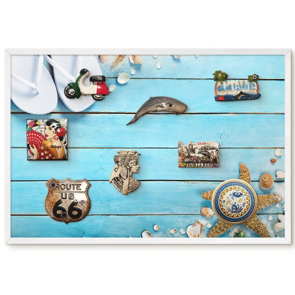 Tableau magnétique décoratif cadre ambiance bord de mer avec tongs et étoiles de mer