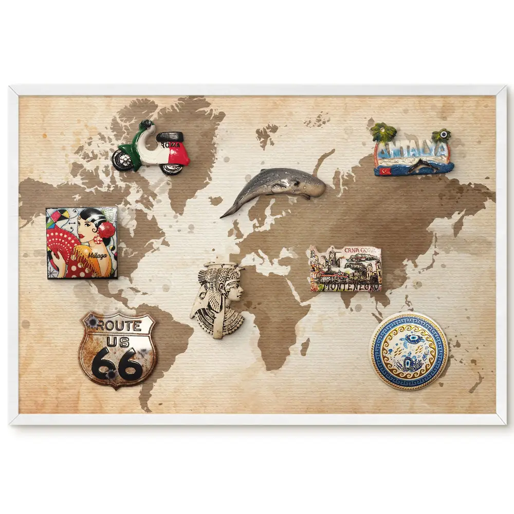 Tableau magnétique carte du monde vintage marron pour collection d'aimants