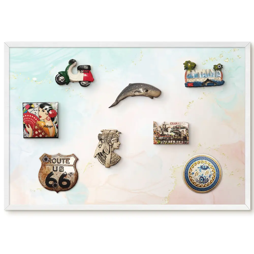 Tableau magnétique pour collection d'aimants aux tons pastel et touches de jaune