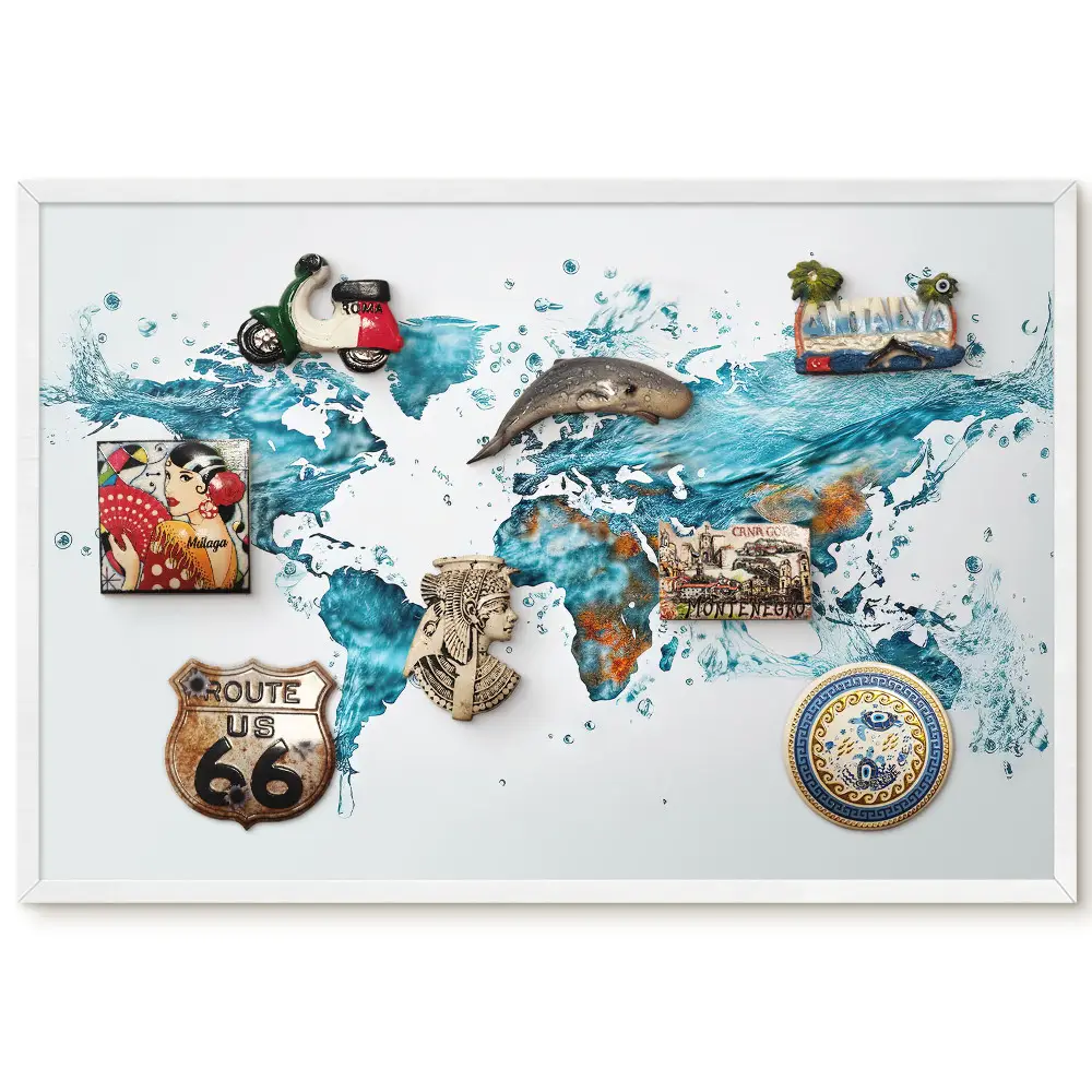 Tableau magnétique décoratif avec cadre motif carte du monde sur fond eau turquoise