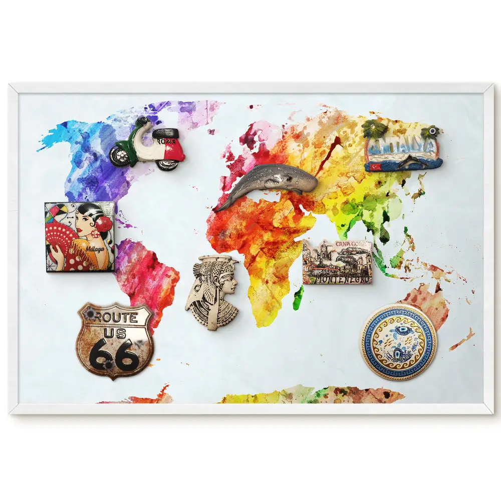 Tableau magnétique carte du monde colorée style aquarelle pour aimants