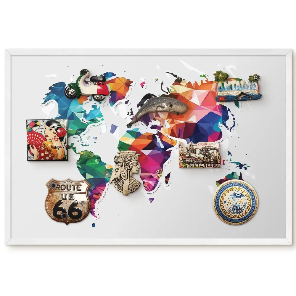 Tableau magnétique décoratif avec cadre motif carte du monde géométrique colorée