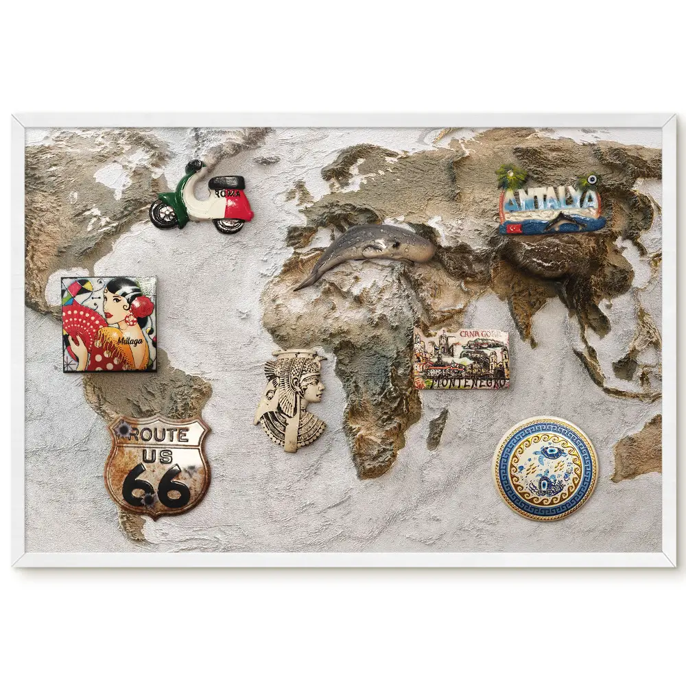 Tableau magnétique carte du monde en relief tons terreux pour collection d'aimants
