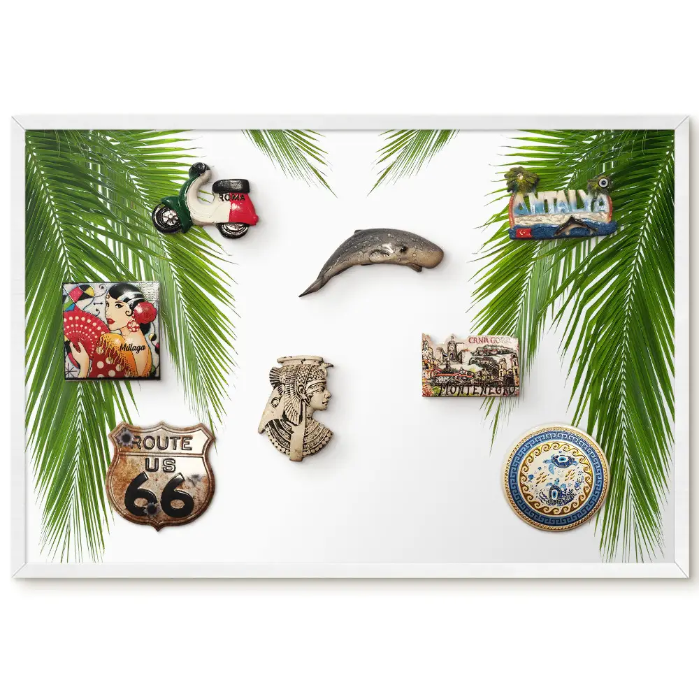 Tableau pour collection d'aimants motif feuilles vertes sur fond blanc