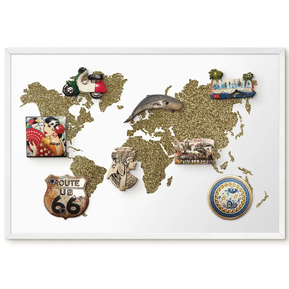 Tableau magnétique décoratif avec cadre carte du monde en grains jaunes