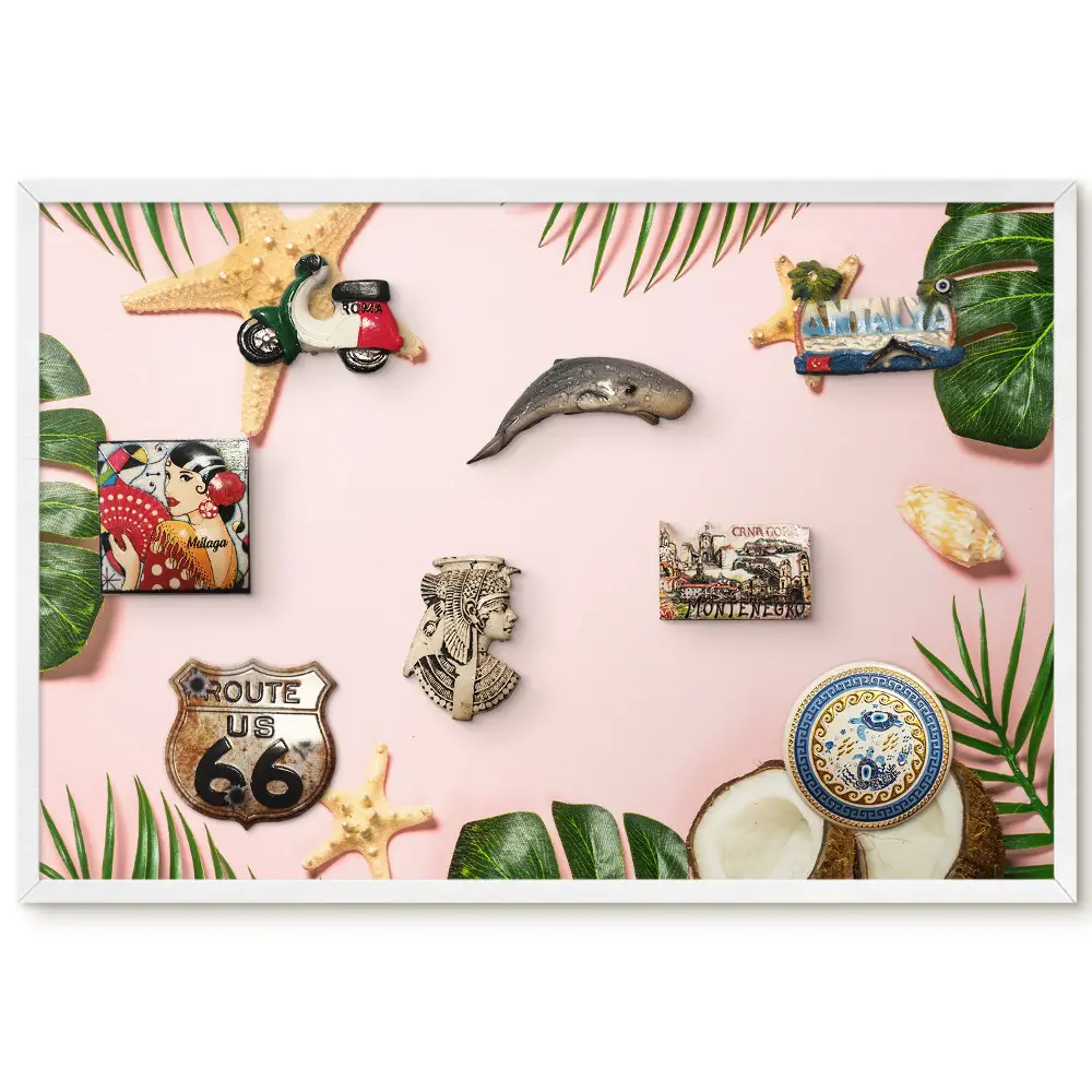 Tableau pour collection d'aimants motif feuilles tropicales et noix de coco sur fond rose