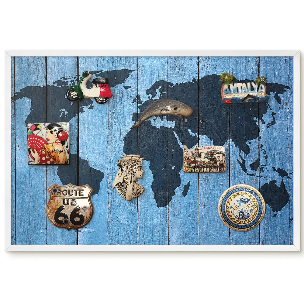 Tableau magnétique carte du monde sur fond en bois pour collection d'aimants