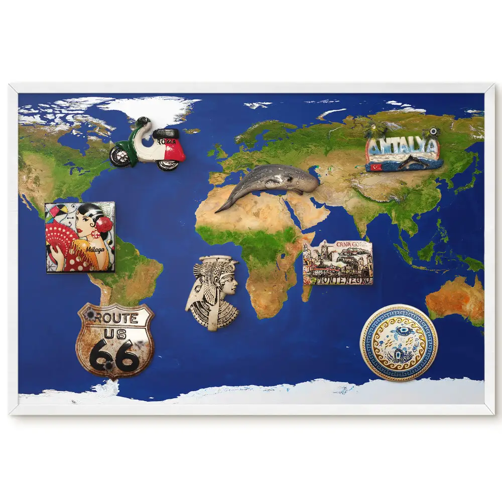 Tableau magnétique décoratif Carte du monde avec cadre et océan bleu