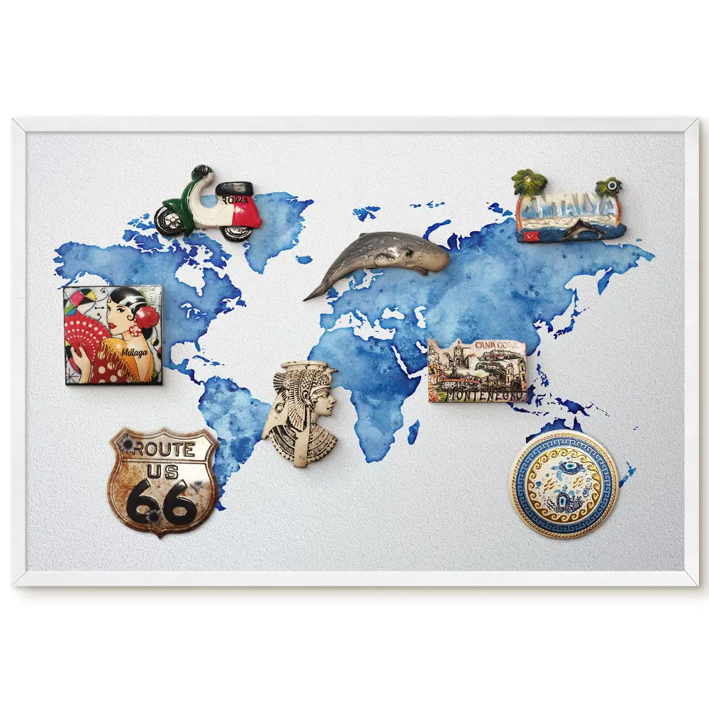 Tableau magnétique carte du monde nuance bleu aquarelle