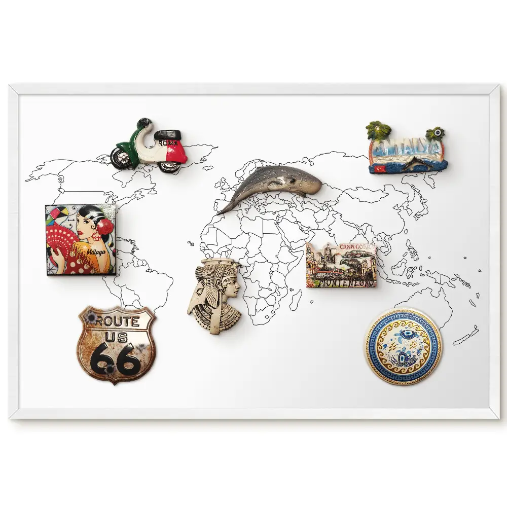 Tableau magnétique carte du monde noir et blanc sans fond