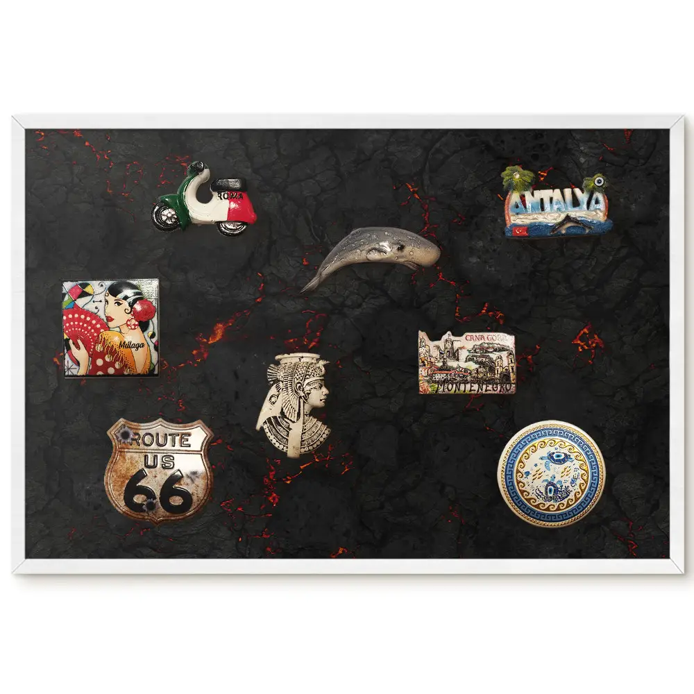 Tableau magnétique décoratif avec cadre motif lave incandescente sur surface noire