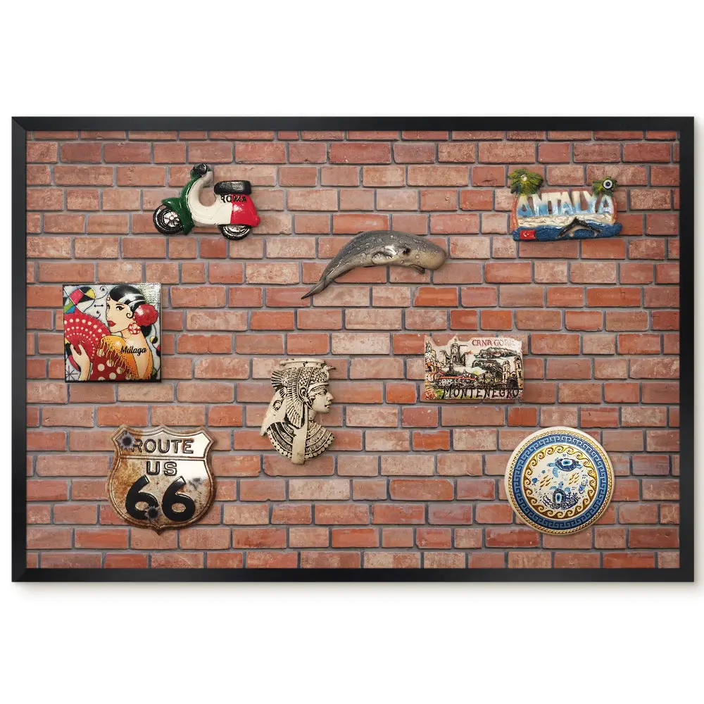 Tableau magnétique décoratif avec cadre motif mur de briques brutes aux teintes chaudes