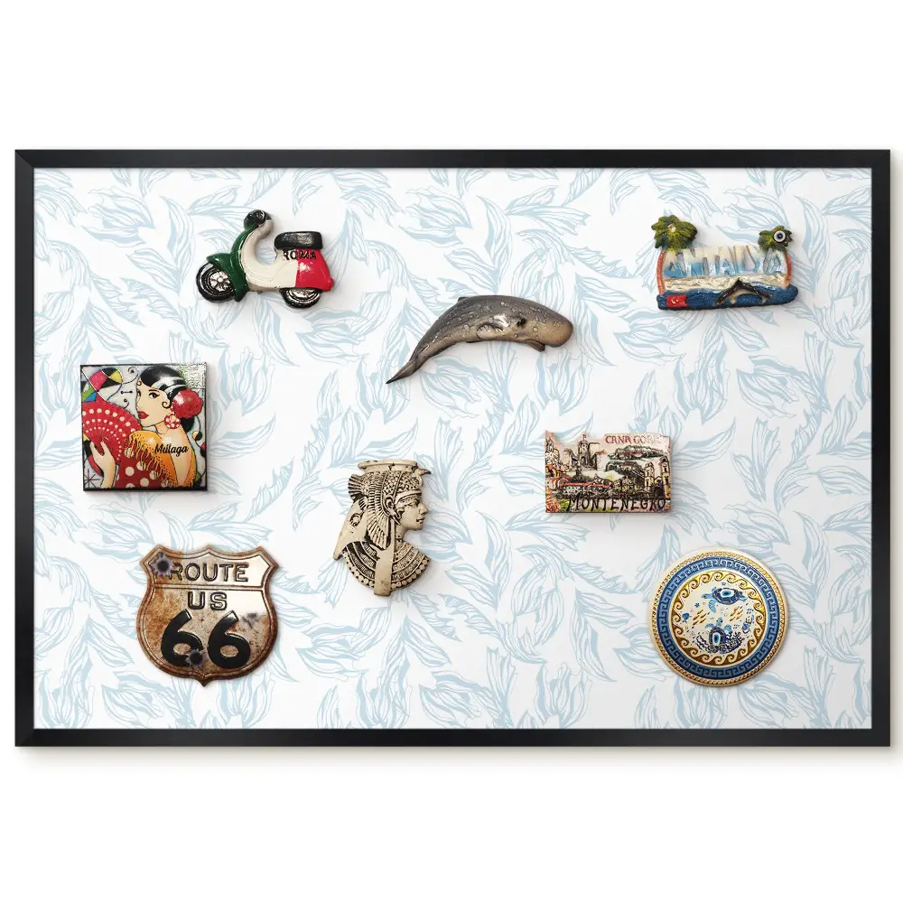 Tableau magnétique pour collection d'aimants avec motif végétal discret sur fond bleu