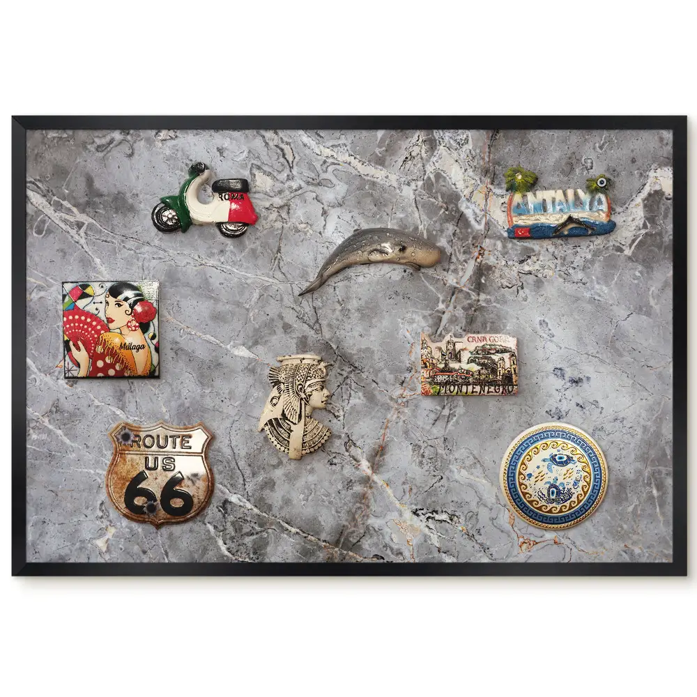 Tableau magnétique décoratif avec cadre en marbre veiné crème et gris