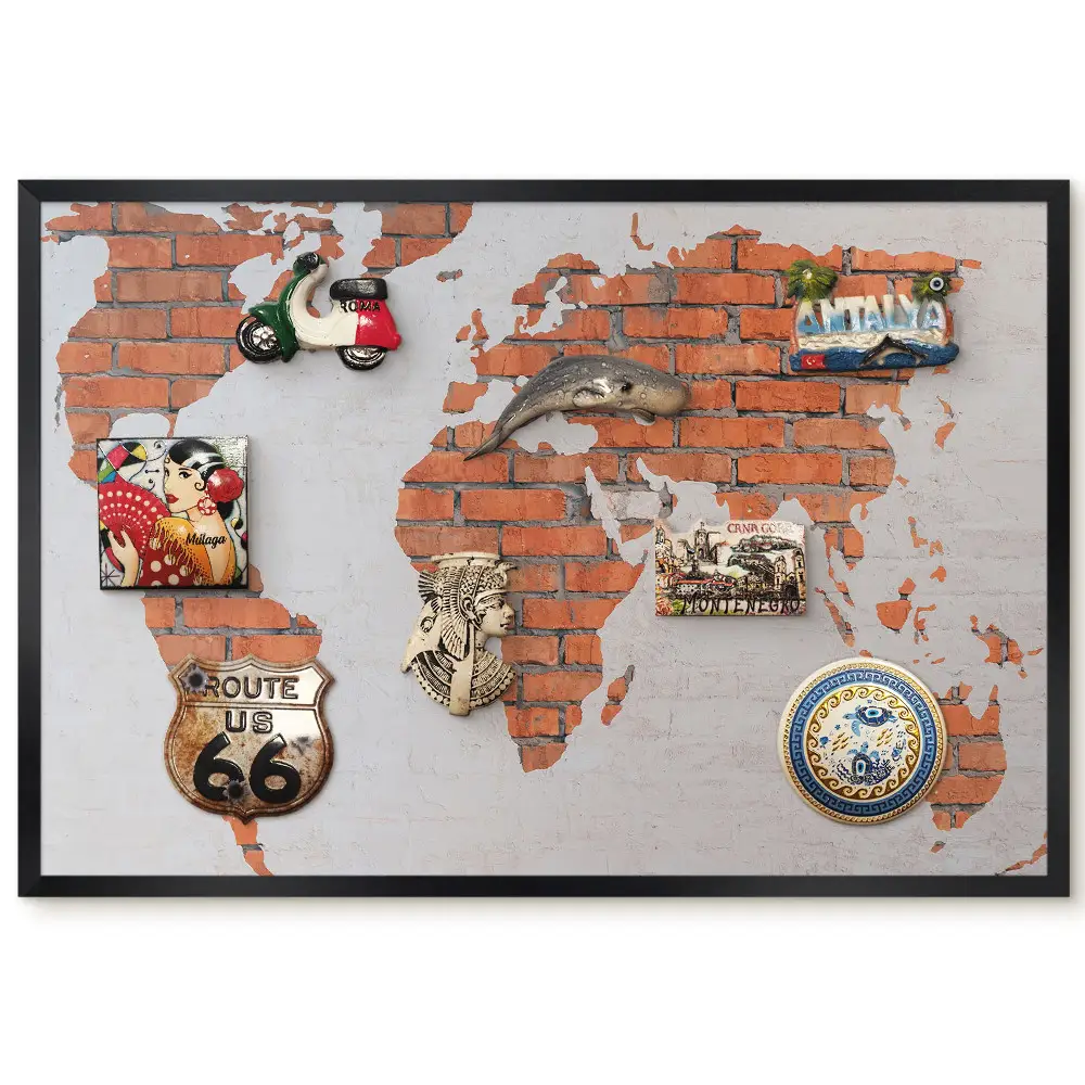 Tableau magnétique décoratif avec cadre motif carte du monde