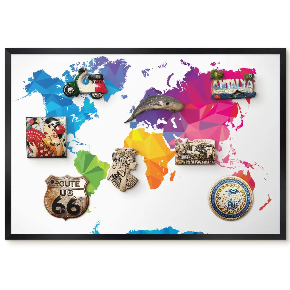 Tableau magnétique carte du monde géométrique coloré