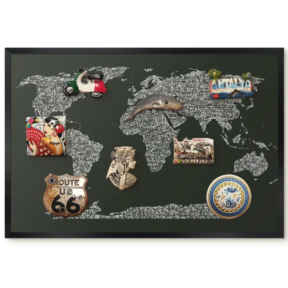 Tableau magnétique décoratif avec cadre carte du monde en lettres