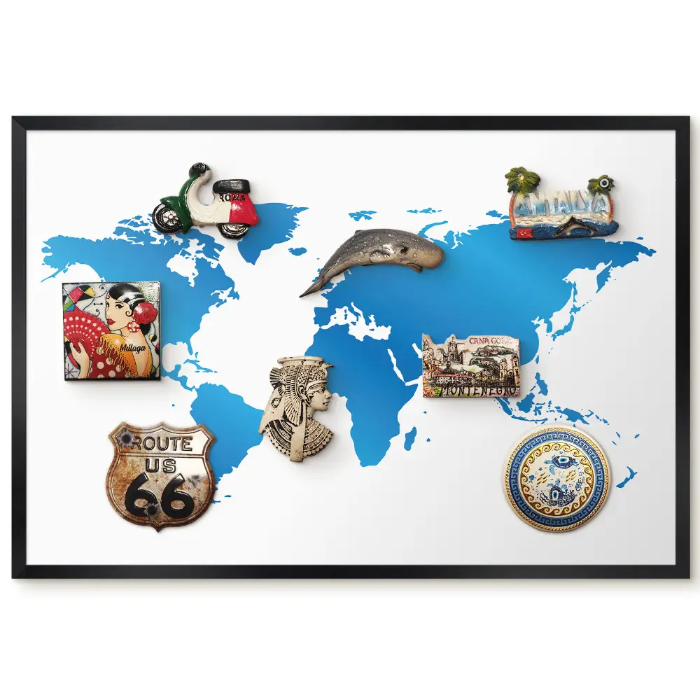Tableau magnétique carte du monde tons bleus pour aimants