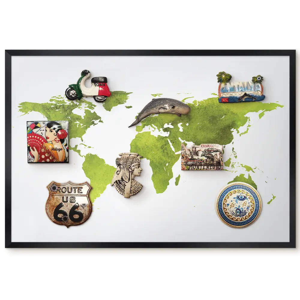 Tableau magnétique pour aimants avec motif de carte du monde aquarelle verte