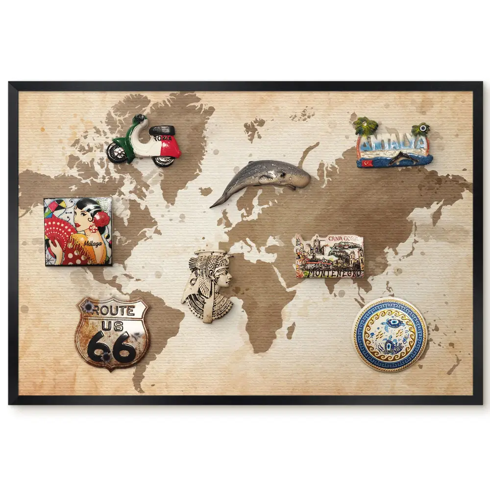 Tableau magnétique décoratif Carte du monde vintage marron avec cadre