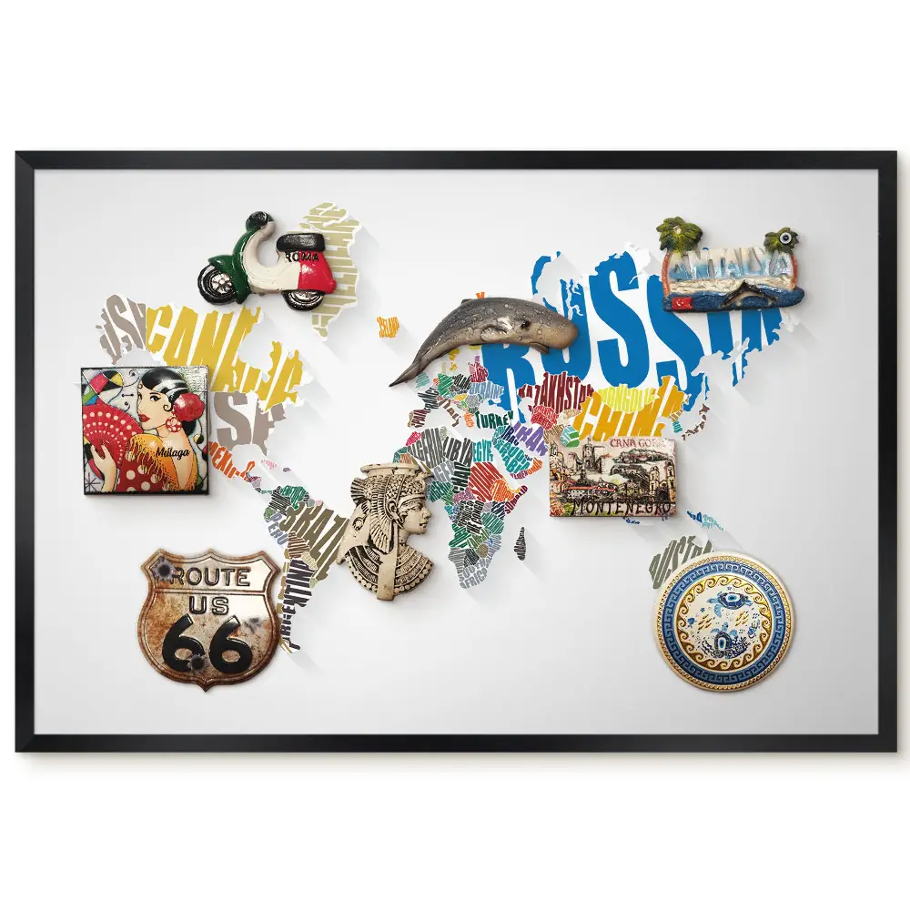 Tableau magnétique décoratif avec cadre représentant une carte du monde aux inscriptions colorées