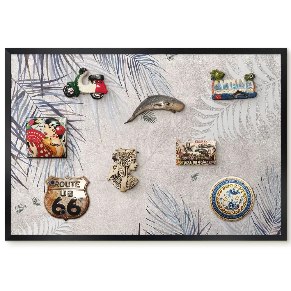 Tableau magnétique décoratif avec cadre motif feuilles de palmier sur fond beige