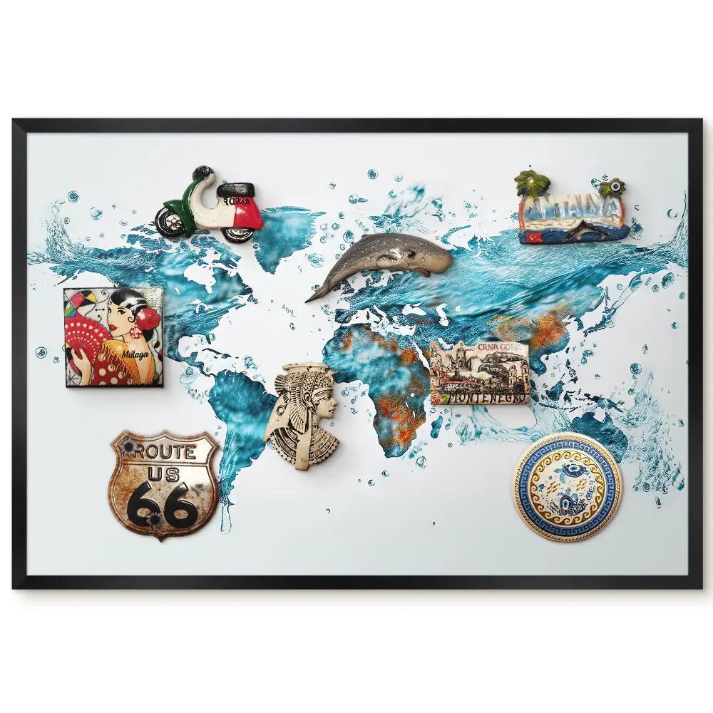 Tableau magnétique carte du monde avec texture eau turquoise