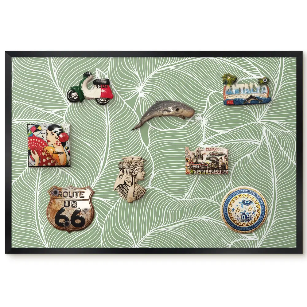 Tableau magnétique décoratif avec cadre motif feuilles tons de vert
