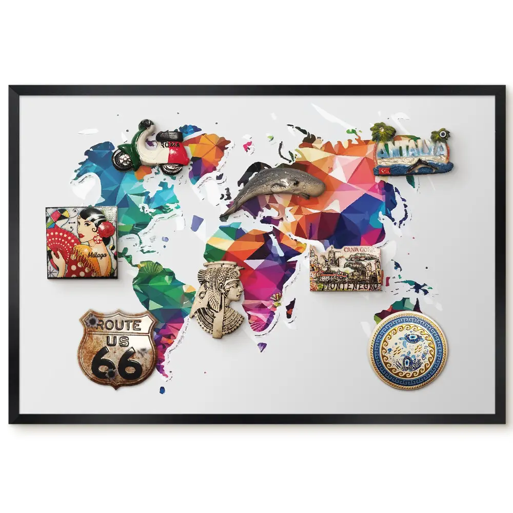 Tableau magnétique carte du monde géométrique colorée