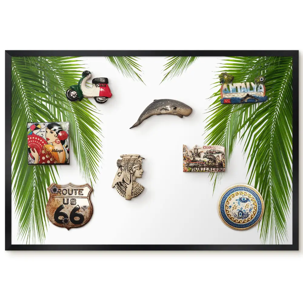Tableau magnétique décoratif encadré motif feuilles vertes sur fond blanc