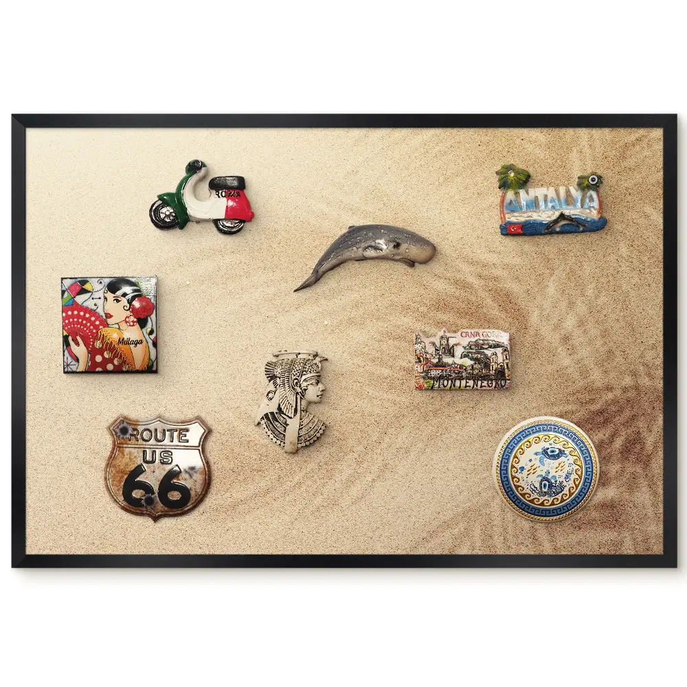 Tableau magnétique décoratif avec cadre motif feuilles de palmier dans le sable
