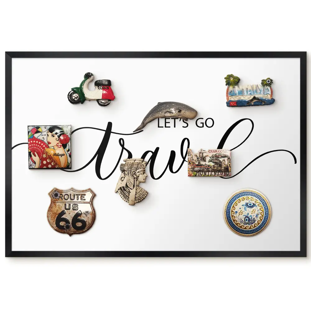 Tableau pour collection d'aimants avec inscription élégante invitant au voyage