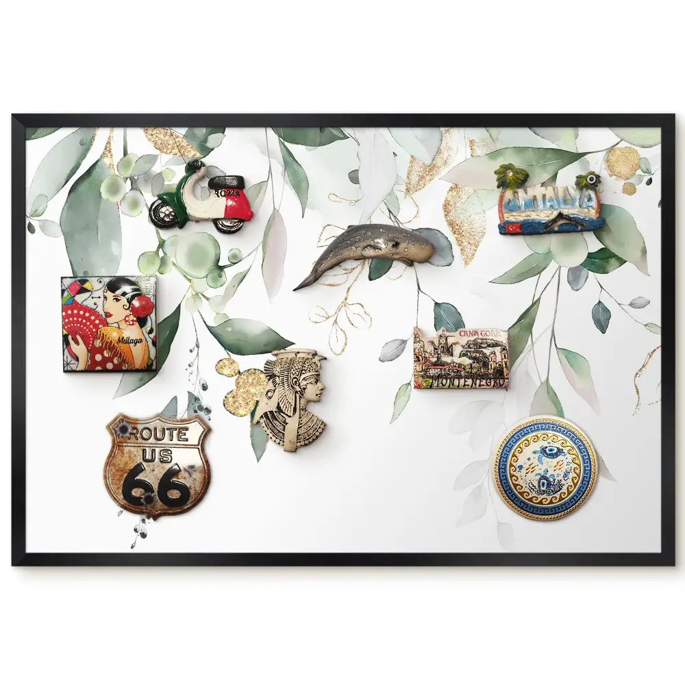 Tableau magnétique décoratif avec cadre motif feuilles délicates aux couleurs pastel