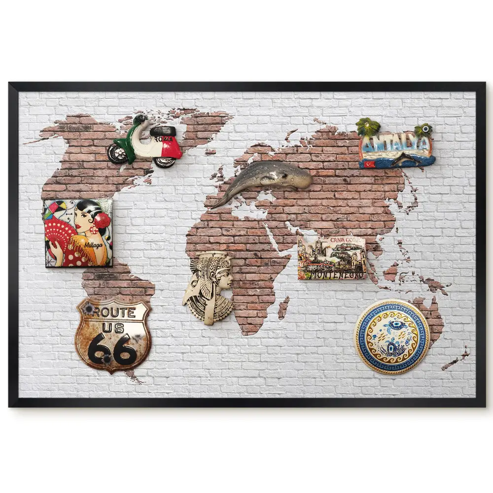 Tableau magnétique carte du monde sur fond de mur en briques