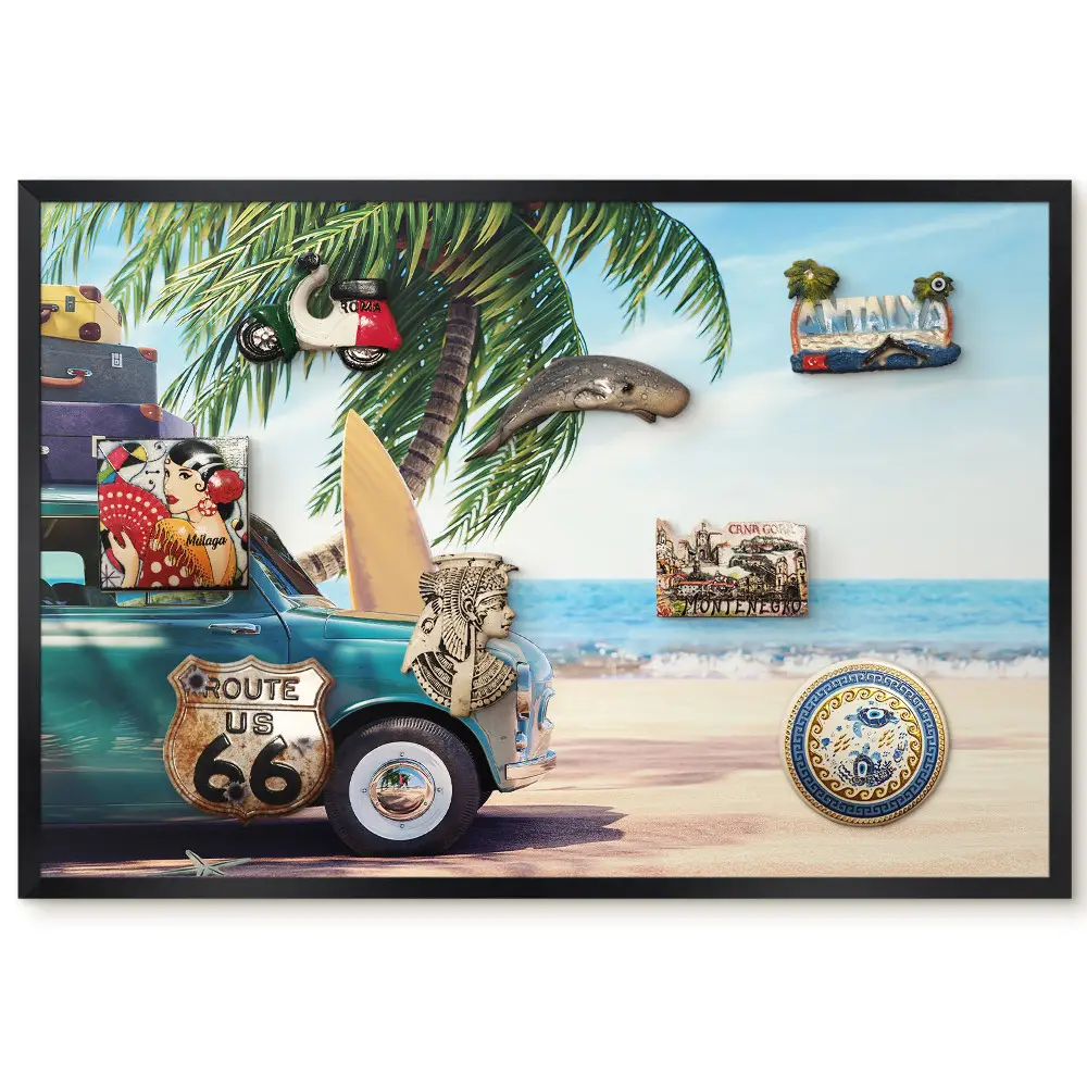 Tableau pour collection d'aimants motif plage avec voiture, palmiers et mer