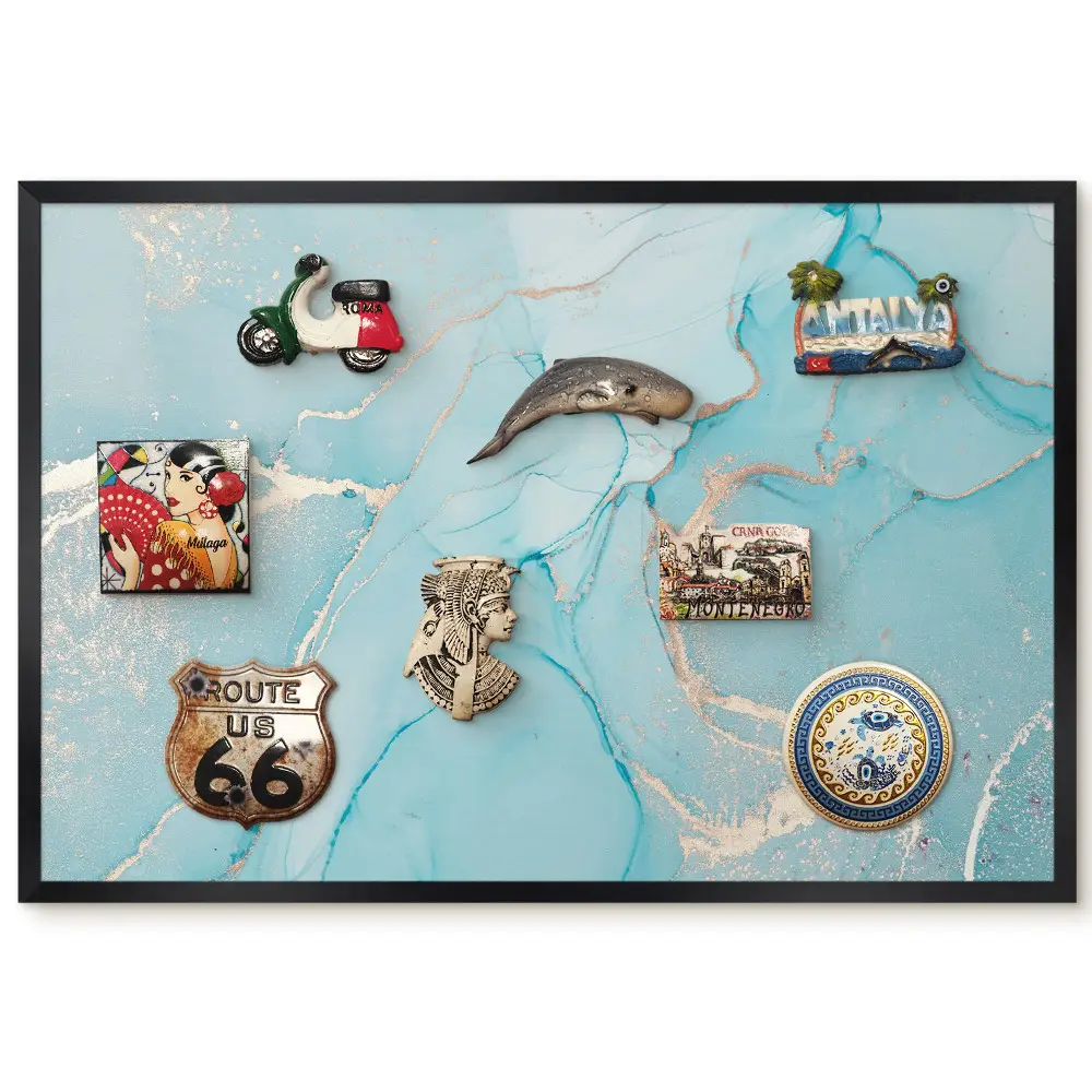 Tableau magnétique décoratif avec cadre motif abstraction rafraîchissante en turquoise et beige
