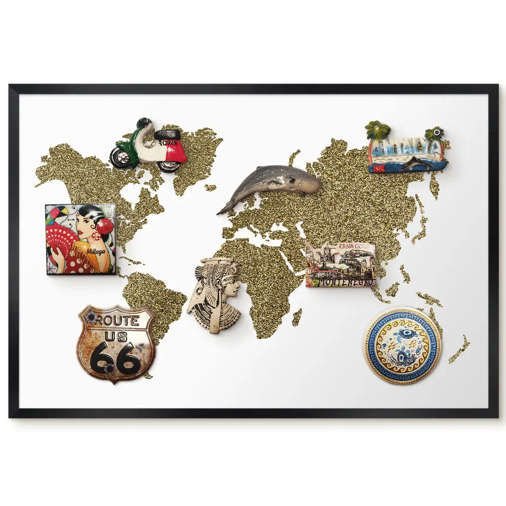 Tableau magnétique carte du monde avec grains jaunes