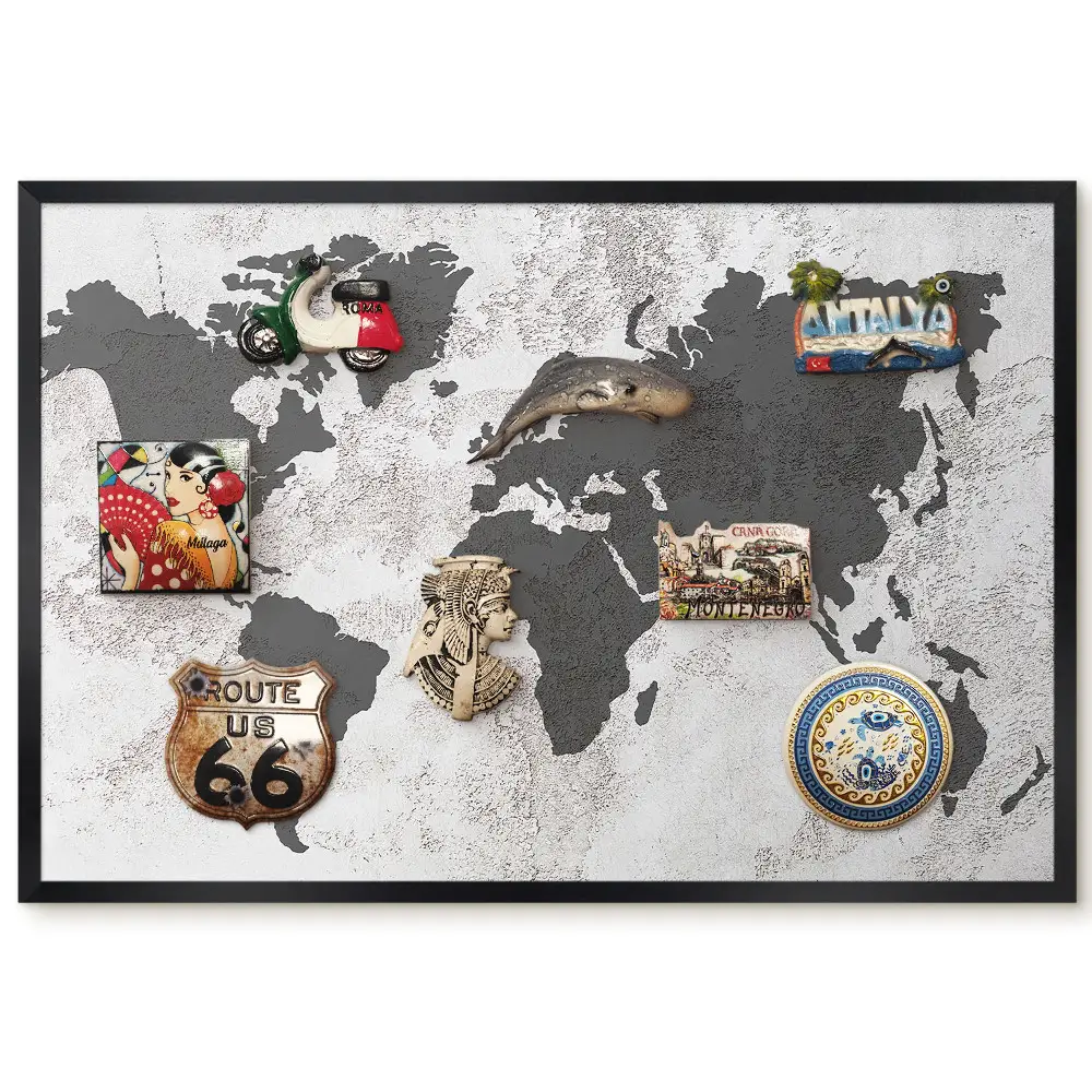 Tableau magnétique décoratif Carte du monde avec cadre et textures subtiles