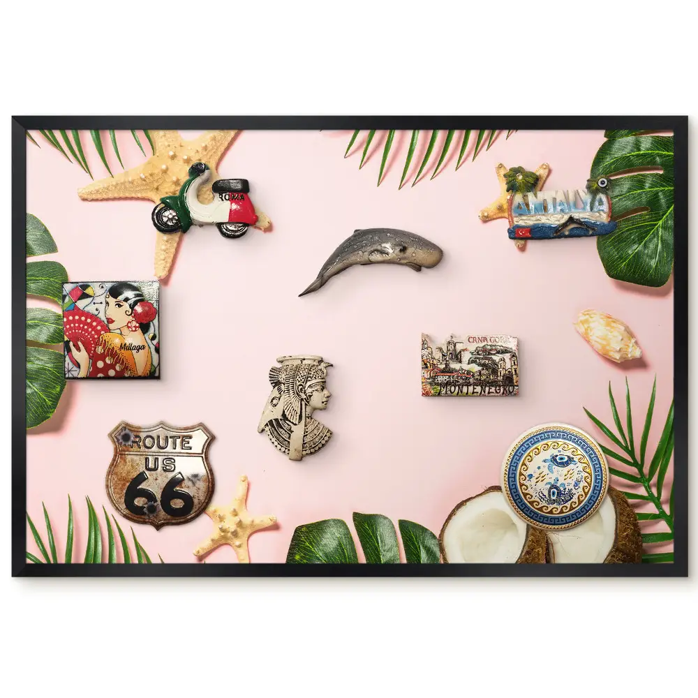Tableau magnétique décoratif avec cadre motif feuilles tropicales et coquilles de noix de coco sur fond rose