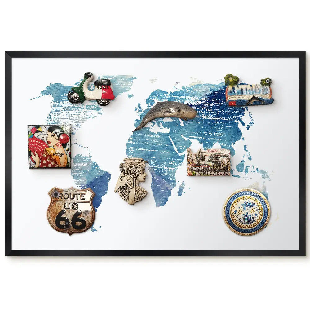 Tableau magnétique décoratif avec cadre motif carte du monde aquarelle bleue