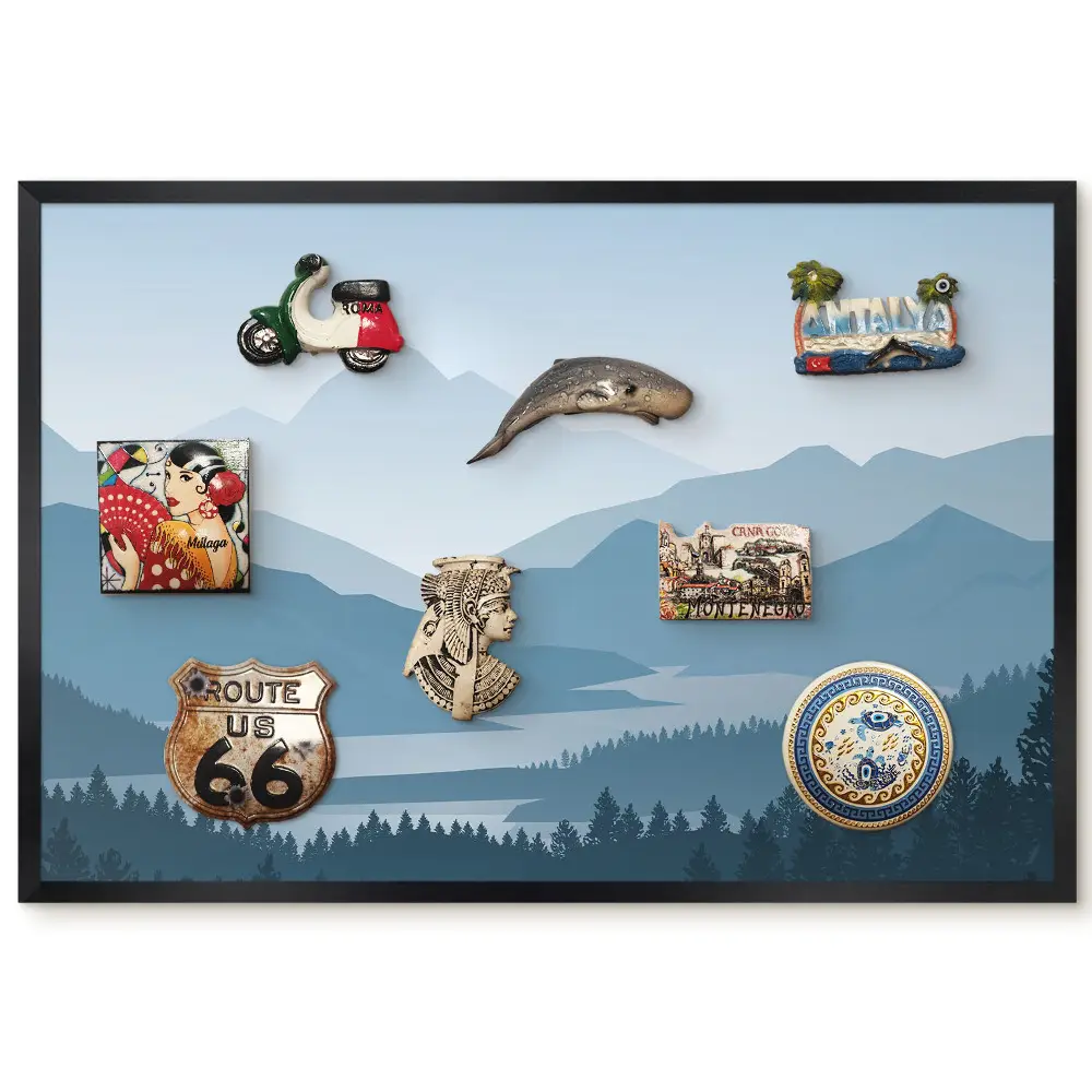 Tableau magnétique décoratif avec cadre Montagnes et forêts paisibles aux tons bleus