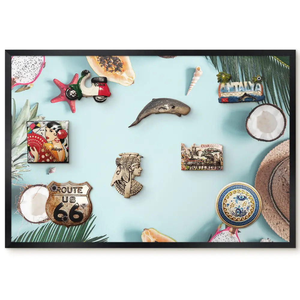 Tableau magnétique pour collection d'aimants motif fruits et coquillages sur fond pastel