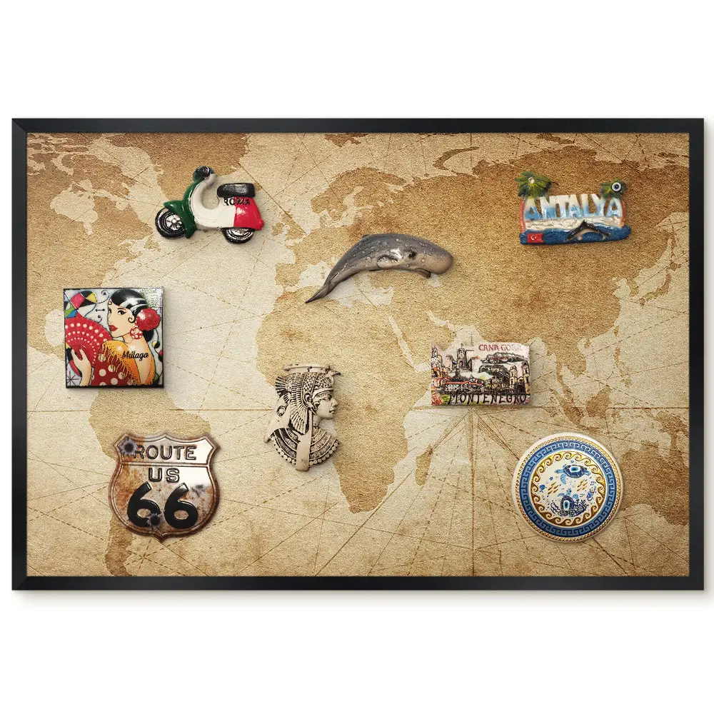 Tableau magnétique décoratif avec cadre motif carte élégante dans des tons beiges chauds