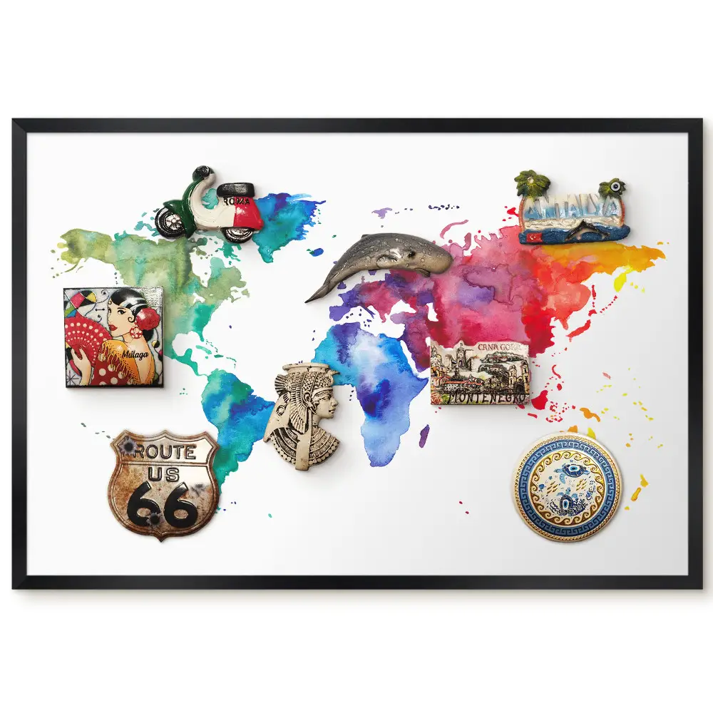 Tableau magnétique carte du monde colorée style aquarelle pour aimants