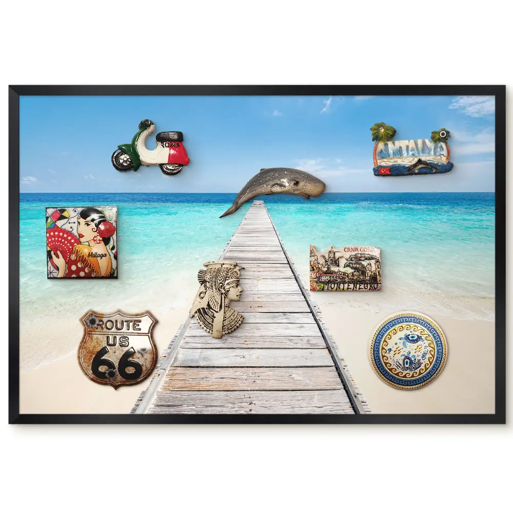 Tableau magnétique décoratif avec cadre motif jetée en bois sur fond d'eau turquoise
