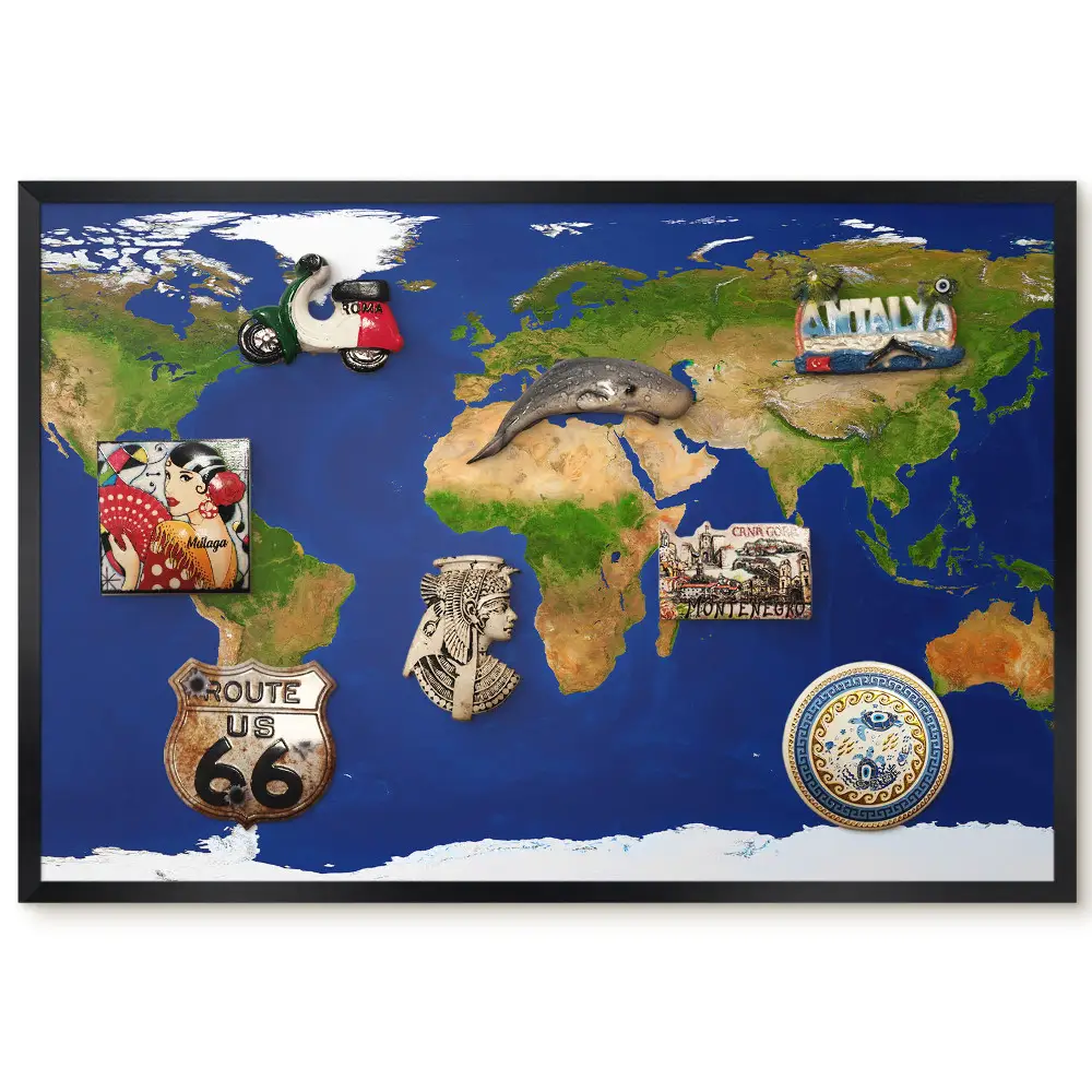 Tableau magnétique carte du monde fond océan bleu pour aimants