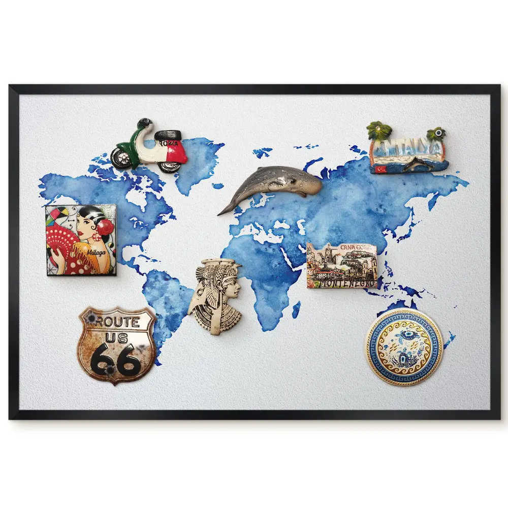 Tableau magnétique décoratif carte du monde aquarelle bleue