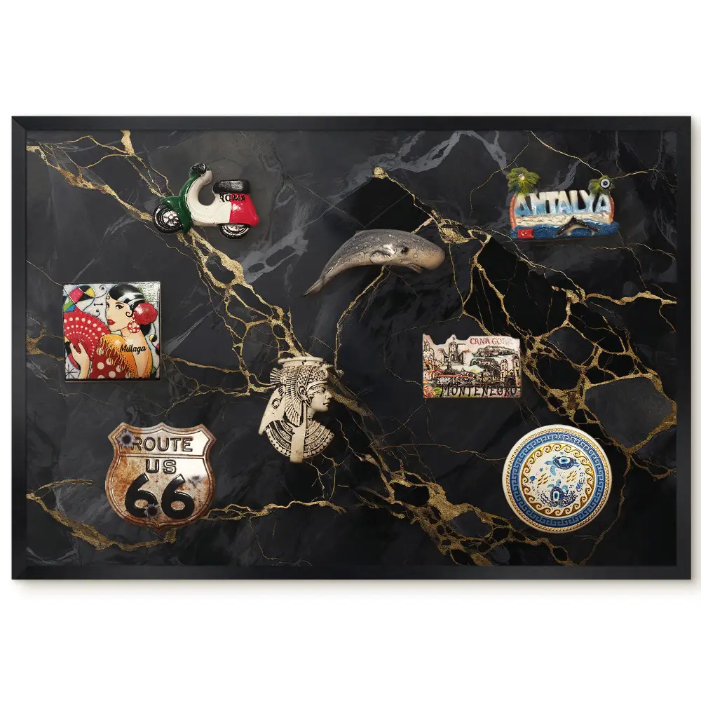 Tableau magnétique décoratif avec cadre sur fond sombre aux motifs jaunâtres