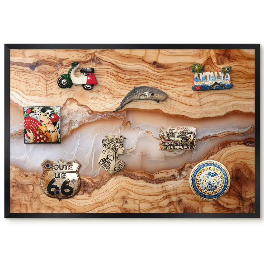 Tableau magnétique avec cadre en bois aux tons chauds et lignes élégantes