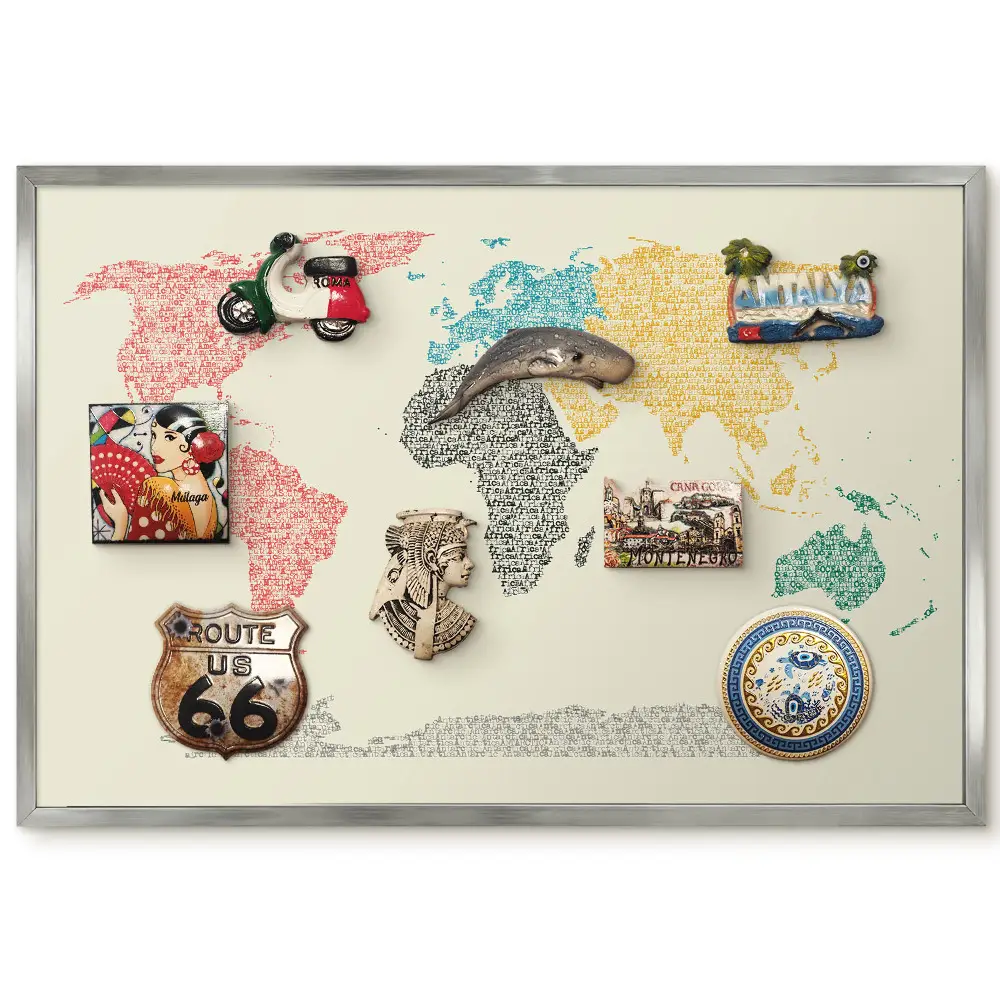 Panneau pour aimants souvenirs carte du monde colorée en lettres